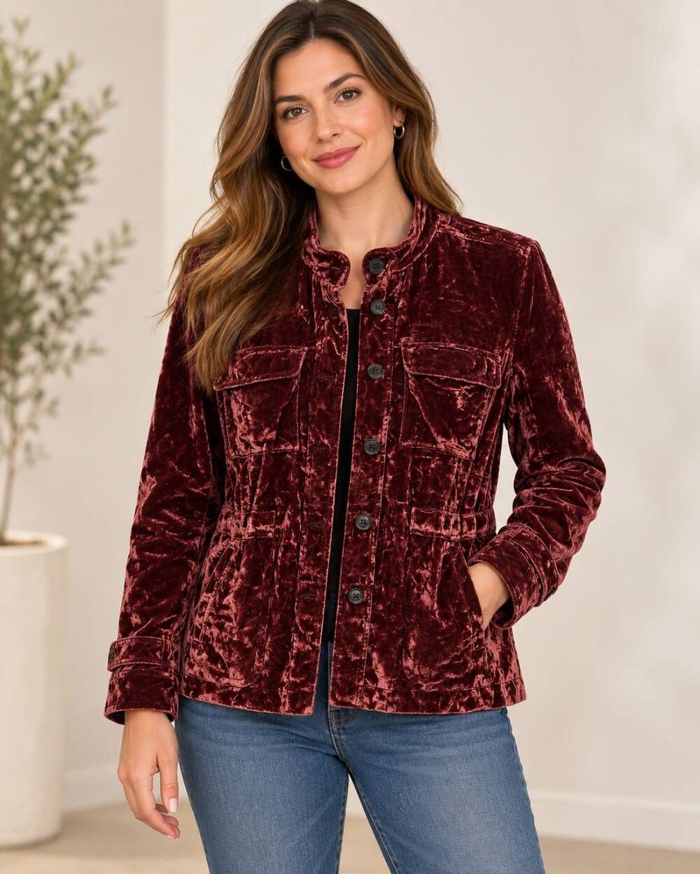 LOFT Women’s M Burgundy Crushed Velvet Utility Jacket Button Front Pockets